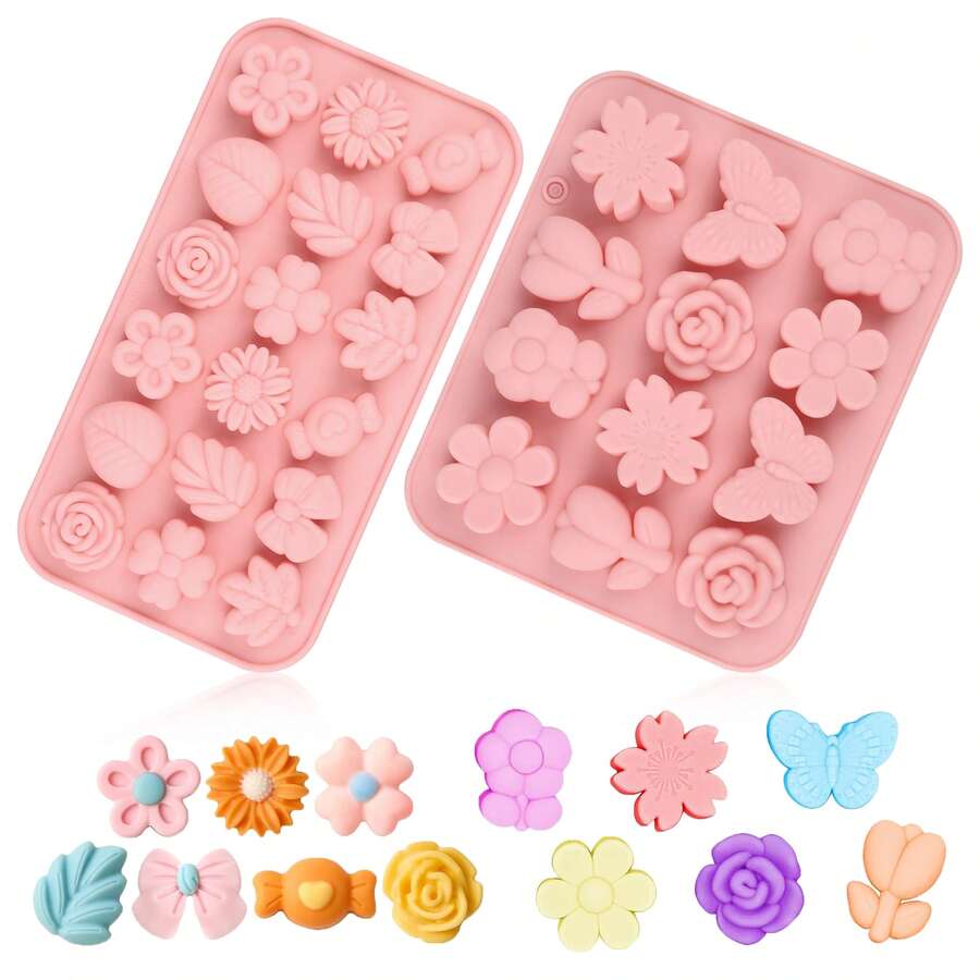 花朵主题巧克力软糖模具，硅胶材质，可重复使用，适用于巧克力烘焙、糖果制作、冰格和纸杯蛋糕制作。（花朵图案） - 彩色 - 查看 1