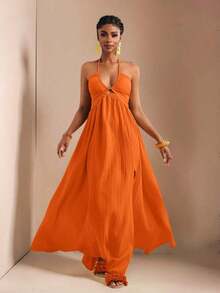 New Spring And Summer Casual Holiday Halter Neck Strapless Bust, Waist And Back A Swing Skirt With High Slit On The Front To The Thigh, Yellow Sea Stripe Women's Extra Long Dress-B Baby Blue Dress,Sun Dresses For Women - trái cam - Xem 6