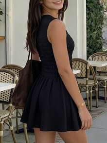 Women's New Spring/Summer Black Sleeveless Round Neck Waist A-Line Mini Dress - Elegant Flowing Party Dress, Made Of Stretchy Fabric, Suitable For Valentine's Date, Celebration Party, Weekend Brunch And Girls Night Out - Black - View 2