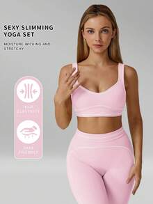 MFVIM 女士春夏运动文胸紧身裤套装，女士休闲运动外套健身两件套，紧身裤具有提臀收腹功能，修身剪裁，透气舒适，适合日常休闲、户外活动、跑步、骑行、瑜伽、普拉提、健身房锻炼。 - 淺粉色 - 查看 3