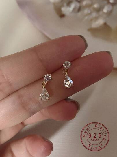 1 Pair S925 Sterling Silver Geometric Cubic Zirconia Stud Earrings, Minimalist All-Match Jewelry Accessory, Suitable As School, Graduation, Friendship Gift