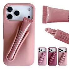 Simple Silicone Phone Case With 3D Lip Gloss Holder For IPhone 17/16/15/14/13/12 Pro/Plus/Max Cute Makeup Design Anti-Drop Shockproof Protective Back Cover - Toast - 查看 8