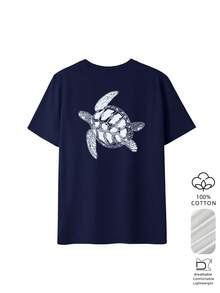 女士宽松海龟图案T恤，100%纯棉透气圆领短袖，休闲舒适，适合海滩度假、夏季旅行、早午餐、海边漫步和日常休闲穿着。 - 藏蓝色 - 查看 2