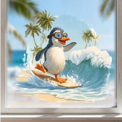 1 pièce Autocollant de style bande dessinée représentant un pingouin portant des lunettes à motif tout en faisant du surf. Cet autocollant en vinyle est durable, facile à appliquer et peut être utilisé sur les voitures, les murs, les fenêtres, le verre