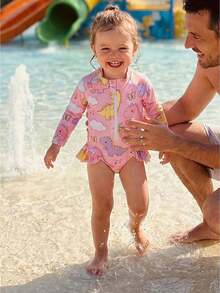 Toddler Girls Rash Guard Swimsuit Rompers Dinosaur Print Ruffles Hem Long Sleeve Crew Neck Kids Bathing Suit - Pink - View 1
