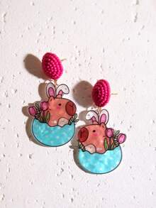 Pink Snail 原创设计手工闪亮树脂兔子花朵吊坠耳环，趣味可爱个性耳环，适合女性、女孩，夏季、冬季、度假、假日、海滩派对、情侣礼物 - 蛋殼兔子和花 - 查看 4