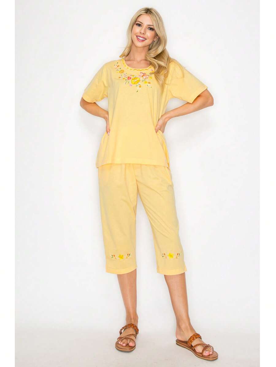 Women Short Sleeves Embroidered Cotton Blend Lounge Wear Sets - Yellow - View 1