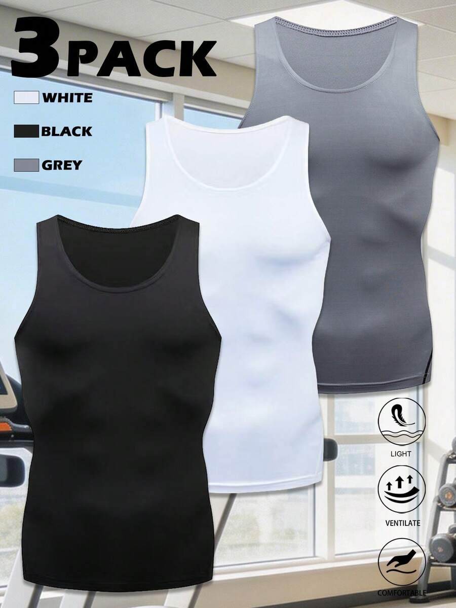 3pcs Men's Compression Workout Tank Tops, Suitable For Gym, Running, Hiking, High Elasticity Stretch Sports Vest For Men - Multicolor - View 1