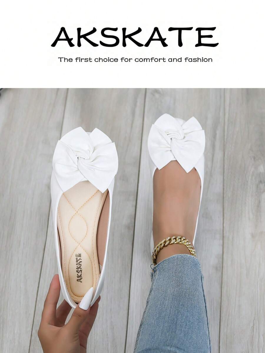 Women's Oversized Bow Decor Square Toe Ballet Flats, Faux Leather Slip On Casual Flat Shoes, Soft Padded Insole Anti-Slip Rubber Outsole, Comfortable Everyday Dress Shoes For Office Work Daily Commute Shopping Weekend Outings, Multi Classic Colorways Available - 白色 - 查看 1