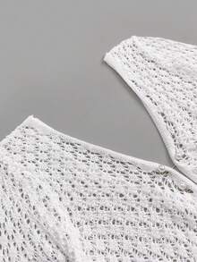 女士加大码长袖镂空钩编泳衣罩衫，优雅波西米亚海滩度假风，珍珠纽扣性感V领白色迷你连衣裙，夏季度假 - 白色 - 查看 7