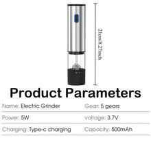 电动盐和胡椒研磨器套装 - 不锈钢迷你胡椒研磨器，盐和胡椒研磨瓶，研磨粗细可调，USB充电 - 銀色 - 查看 11