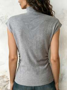 女士时尚优雅休闲/办公通勤高领灰色褶皱纽扣修身无袖针织上衣，春夏款 - 灰色 - 查看 5