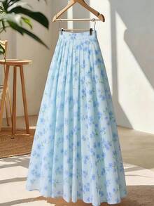 Chân váy maxi dáng chữ A cạp cao thanh lịch dành cho nữ, chất liệu polyester, họa tiết hoa xếp ly, phong cách bohemian, thích hợp cho kỳ nghỉ. - Màu xanh nhạt - Xem 1