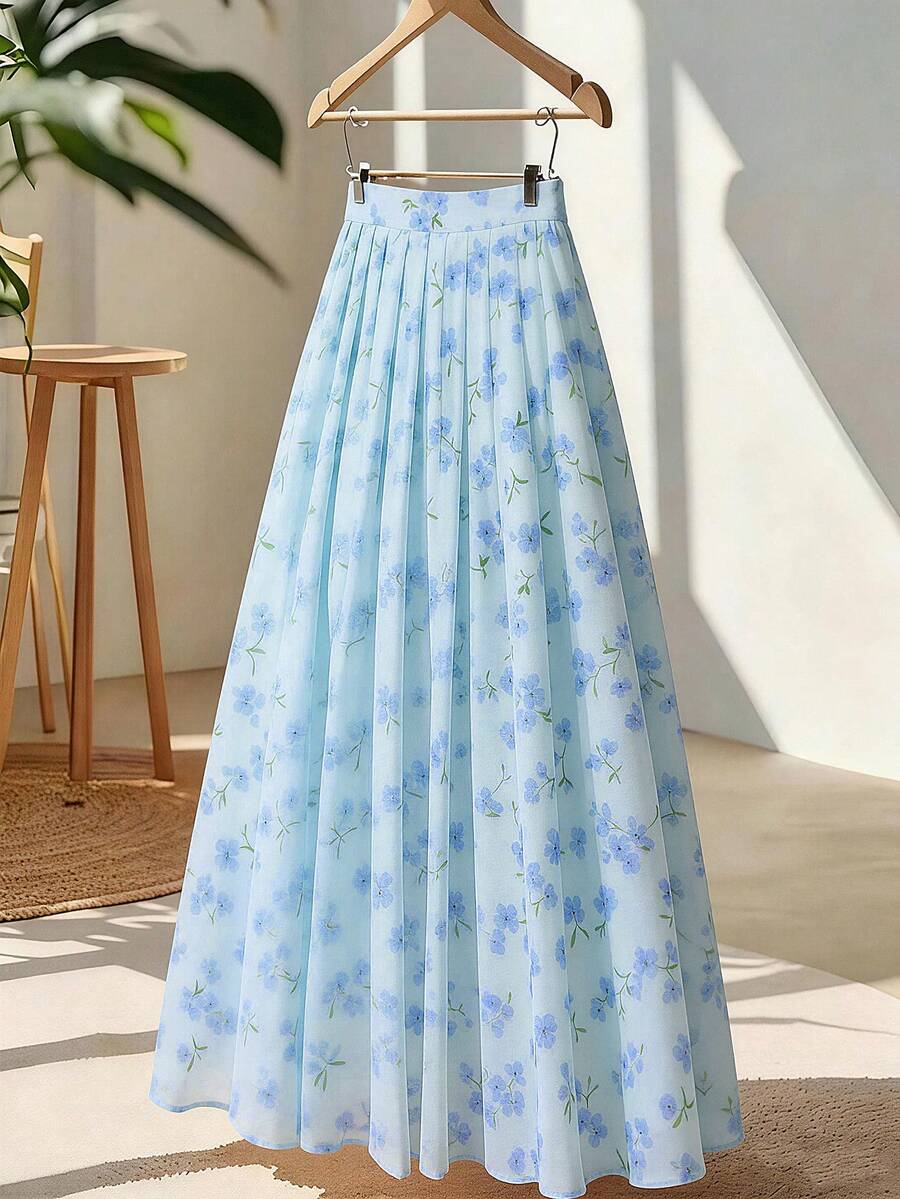 Chân váy maxi dáng chữ A cạp cao thanh lịch dành cho nữ, chất liệu polyester, họa tiết hoa xếp ly, phong cách bohemian, thích hợp cho kỳ nghỉ. - Màu xanh nhạt - Xem 1