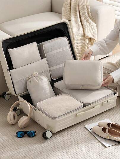 1 Set Travel Packing Cubes, Essential Travel Luggage Organizer Bags, Beige Clothes Storage Bags, Suitcase Packing Organizers, Portable 7-Piece Travel Accessories