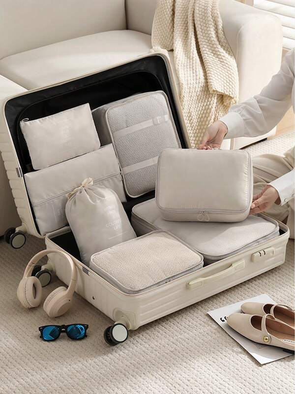 1 Set Travel Packing Cubes, Essential Travel Luggage Organizer Bags, Beige Clothes Storage Bags, Suitcase Packing Organizers, Portable 7-Piece Travel Accessories