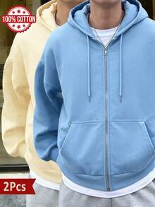 Sudadera con capucha con cremallera para hombres, de algodón puro y cómoda, de corte holgado, casual y versátil para uso diario/al aire libre/vacaciones, conjunto de 2 piezas en múltiples colores - Azul cielo + beige - Ver 1