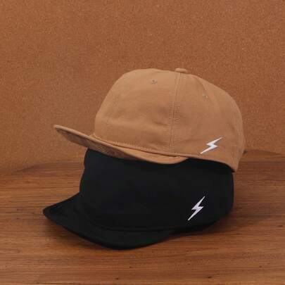 1顶超大宽檐短檐帽，男女通用复古日系休闲可调节工作棒球帽，布料刺绣闪电装饰，四季防风