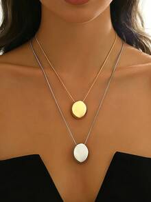 1件优雅双色金属圆盘双层项链，简约风格叠戴颈链，约会完美之选 - 金黃色+銀色 - 查看 1
