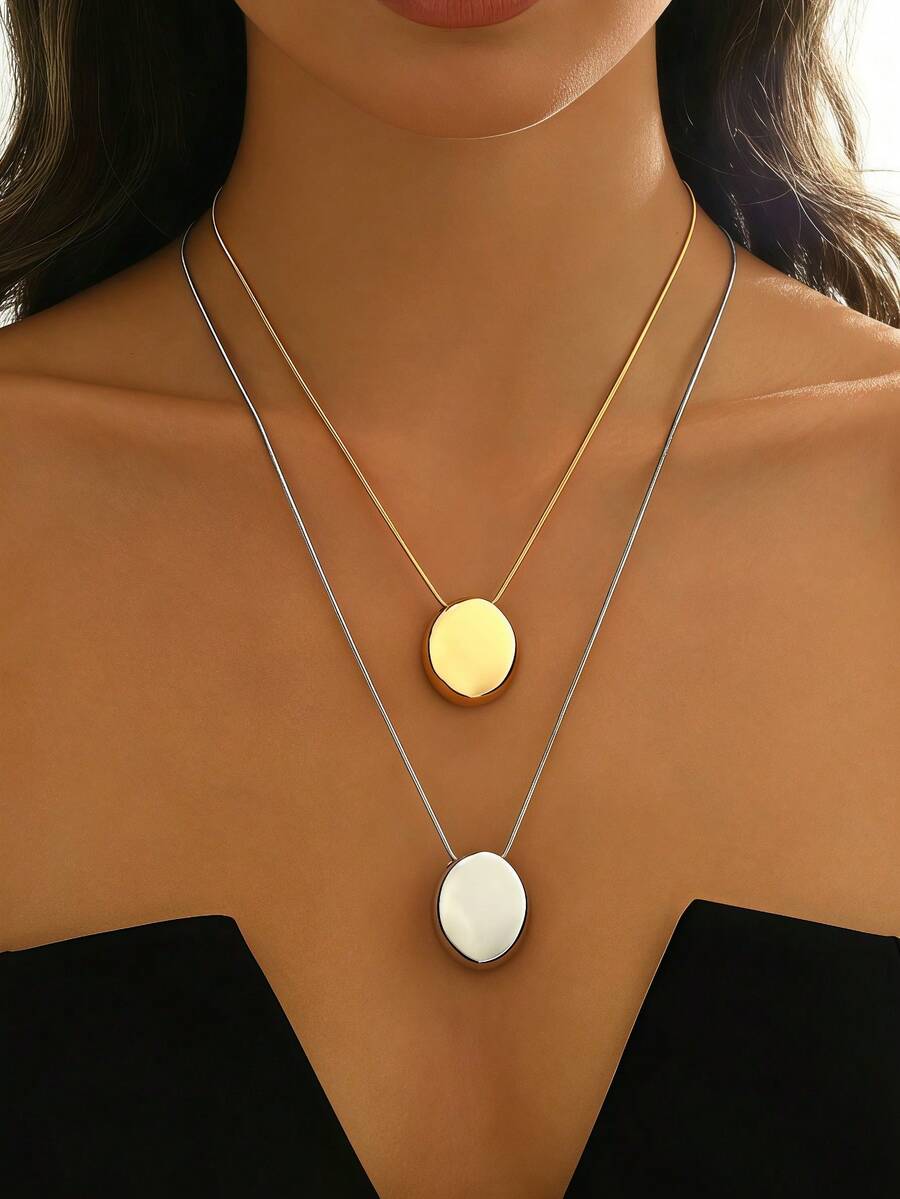 1件优雅双色金属圆盘双层项链，简约风格叠戴颈链，约会完美之选 - 金黃色+銀色 - 查看 1