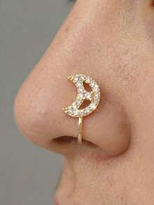 5pcs Gold Zirconia Nose Cuff Set, Moon Cat Star Flower Cloud Design Rhinestone Nose Ring, Non Piercing Fake Nose Clip Jewelry For Women - Gold 2 - View 2