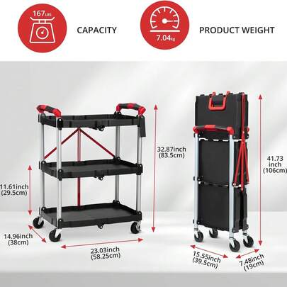 Foldable 3-Tier Service Cart With Locking Wheels, Heavy-Duty Rolling Cart For Kitchen Storage, Garage, Warehouse & Cleaning