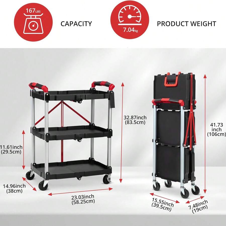 Foldable 3-Tier Service Cart With Locking Wheels, Heavy-Duty Rolling Cart For Kitchen Storage, Garage, Warehouse & Cleaning - I - View 1