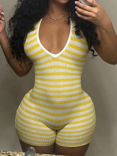 Women's Spring Casual Fashionable Sexy Hanging Neck Backless Knitted Jumpsuit Shorts