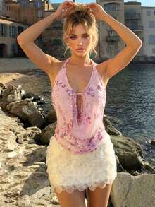 Women's Elegant Pink Sequin Floral Halter Neck Spaghetti Strap Top, Chic Sexy Vacation Top - Pink - View 7