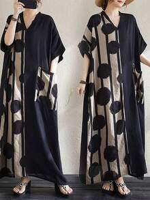Women's Casual Long Kaftan Dress, Loose V-Neck Kimono Sleeve, Woven Fabric, Modern Polka Dot & Striped Pattern Vacation Spring Black - Black - View 4