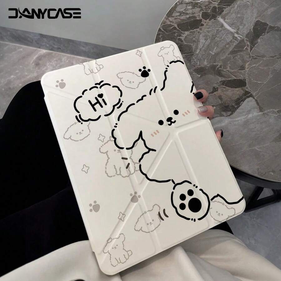 DANYCASE Dog Pattern Protective Case, Compatible With IPad A16 2025, Air 11/13, M2/M3, Pro 11/13, M4 2024, Air 4/5/10th Gen 10.9, Pro 11th Gen 9th Gen 8th Gen 7th Gen 10.2, Pro 12.9th Gen 4th Gen 5th Gen 6th Gen, Transparent Back Cover Y-Fold Protective Case - Line Puppy - View 1