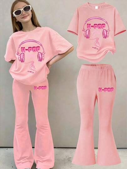 This Casual Set Includes A Pink Round Neck T-Shirt And Pink Flare Pants, Suitable For Wearing By Older Girls, With A Creative Headphone Print Pattern. It Is Very Suitable For Girls And Teenagers To Wear To School, Shopping, Daily Life And Vacation. It Is Not Only Suitable For Daily Wear, But Also An Excellent Gift For Family And Friends.