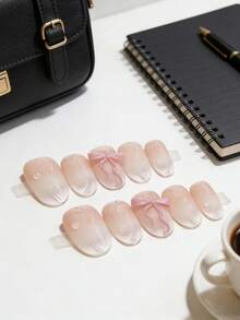 10片装3D蝴蝶结假指甲，手工制作，可佩戴，日式裸粉色渐变美甲，可移除短指甲贴纸 - 彩色 - 查看 3