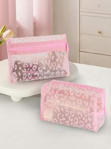 1pc Pink Leopard Print Mesh Cosmetic Bag, Black Minimalist Storage Pouch, Multi-Functional Toiletry Bag, Suitable For Makeup, Travel, Daily Use - Pink - View 5
