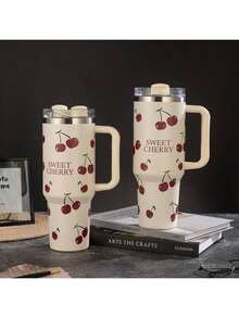 1 Peça Garrafa de Água de Grande Capacidade de 1200ml/40oz com Design de Letra e Cereja, com Alça e Canudo, Duas Tampas, Adequada para Água, Leite, Aveia, Chá, Suco, Café da Manhã, Café, Bebidas, Ideal para Café, Casa, Restaurante, Festa, Escritório, Dia dos Pais, Dia das Mães, Amigo, Namorado/Namorada, Família, Professor, Presente para Colegas de Trabalho, Halloween, Natal - Bege - Visão 8