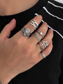 7pcs/Set Men's Dark Punk Vintage Knuckle Rings, Hiphop Engraved Pentagram Rings Jewelry - 7-piece Set - View 2