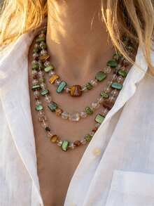 1 pieza Collar largo de doble capa con cuentas y conchas de estilo bohemio y colorido, collar asimétrico vintage apilable, adecuado para uso diario y de vacaciones - Multicolor - Ver 7