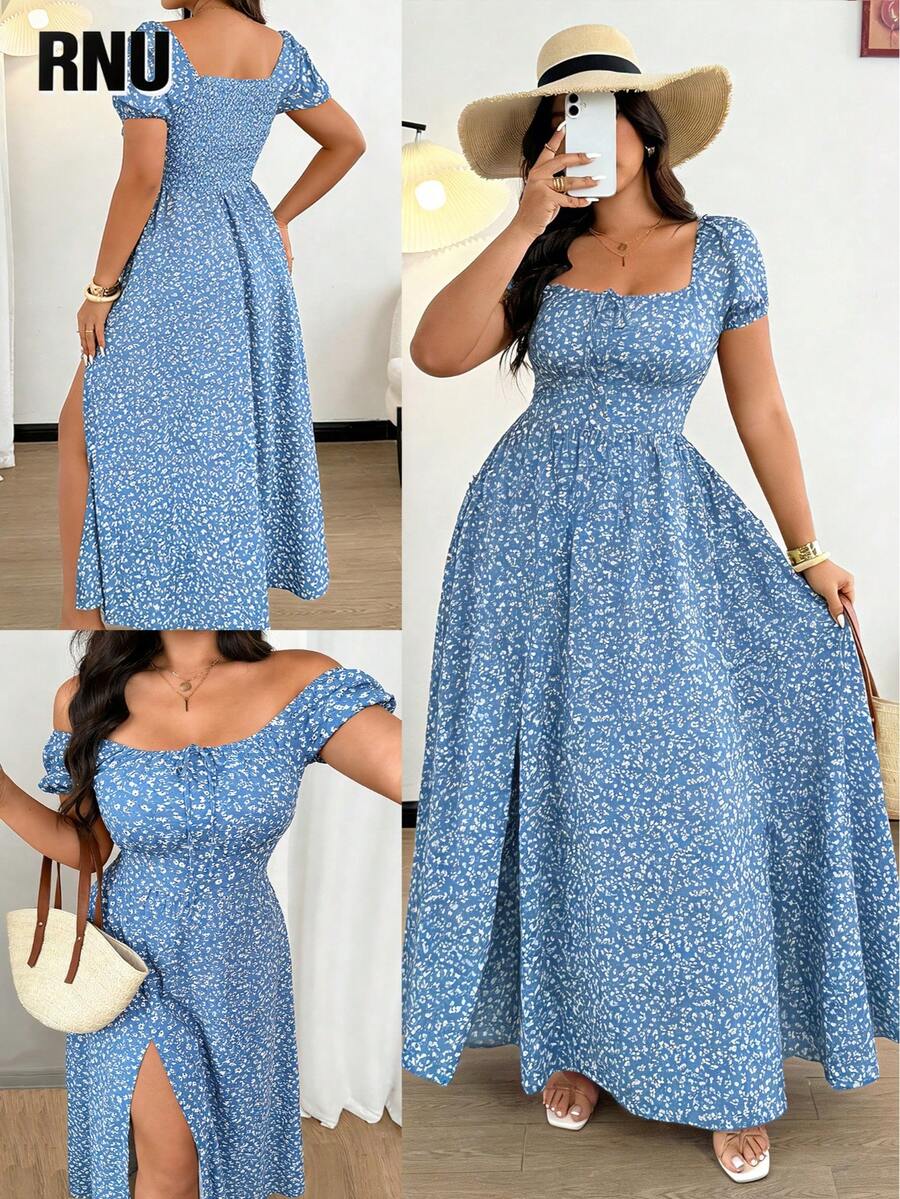 RNU 大码女士优雅蓝色碎花梭织面料长款连衣裙,泡泡袖,系带前襟设计,松紧腰身,系带细节,褶皱,开衩下摆设计,适合度假、夏季、春季、海滩、约会、外出、显瘦、时尚百搭、派对、浪漫约会等场合。蓝色碎花长款连衣裙,时尚单品,春夏新品,短袖长款连衣裙 - 彩色 - 查看 1