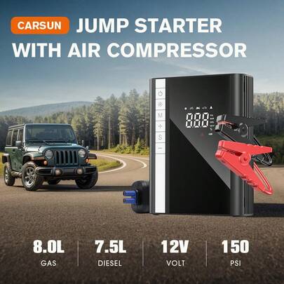  Carsun 便携式汽车应急启动器和空气压缩机，4 合 1 气泵带后置储物盒，150PSI 22 气瓶，快速充气，10000mAh，无线数字显示版，带汽车应急启动电源，配备 LED 灯，适用于房车、越野车、卡车等。