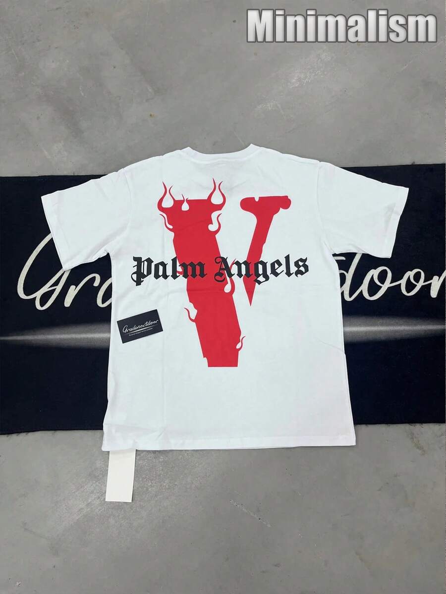 VLONEE "Palm AngelsS" Shirt,Stylish Design, Men's Graphic T-Shirt, Minimalist Design, Vintage Casual Style, Hip-Hop Style. Suitable For Outdoor Leisure Activities, Family Gatherings, And Dinners With Friends. - 白色 - 查看 1