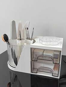 1pc Rotating Pen Holder Organizer, Desktop Rotating Makeup Brush Holder, Vanity Makeup Storage Box, Lipstick Desk Organizer Rack - White - View 3