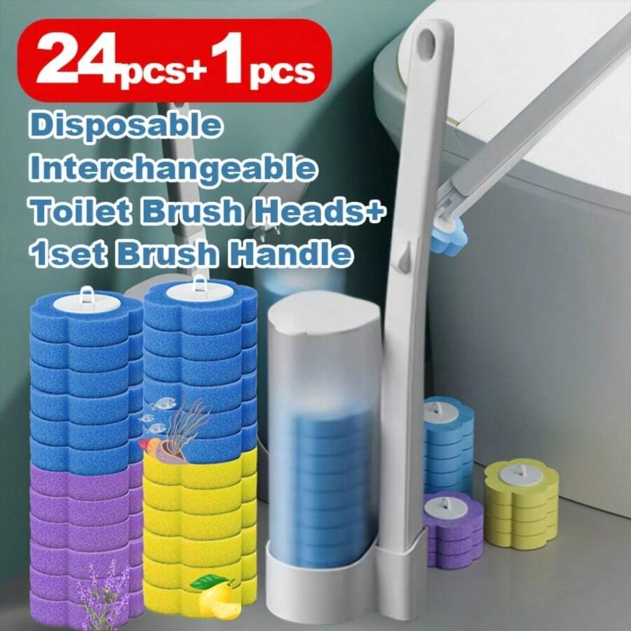 CKGO 24pcs Replaceable Heads+1kit Toilet Brush Handle, Portable Durable, Disposable Toilet Brush Replacement Heads & Brush Handle Kit, Daily Gift, Cleaning Essential, Cleaning Brush, Holiday Gift, Back To School - 1 Toilet Brush + 24 Replacement Heads - View 1