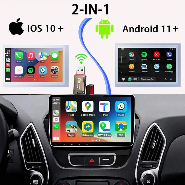 Convertidor inalámbrico 2 en 1 de CarPlay y Android Auto, convierte el CarPlay con cable a inalámbrico, tamaño mini con cable de extensión USB y USB-A/Tipo-C, estable y con baja latencia, adecuado para varios modelos de automóviles - Adaptador inalámbrico CarPlay - Añade 2