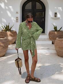 女士休闲波西米亚风优雅两件套，衬衫领上衣搭配系带中长裙，度假必备 - 綠色 - 查看 3