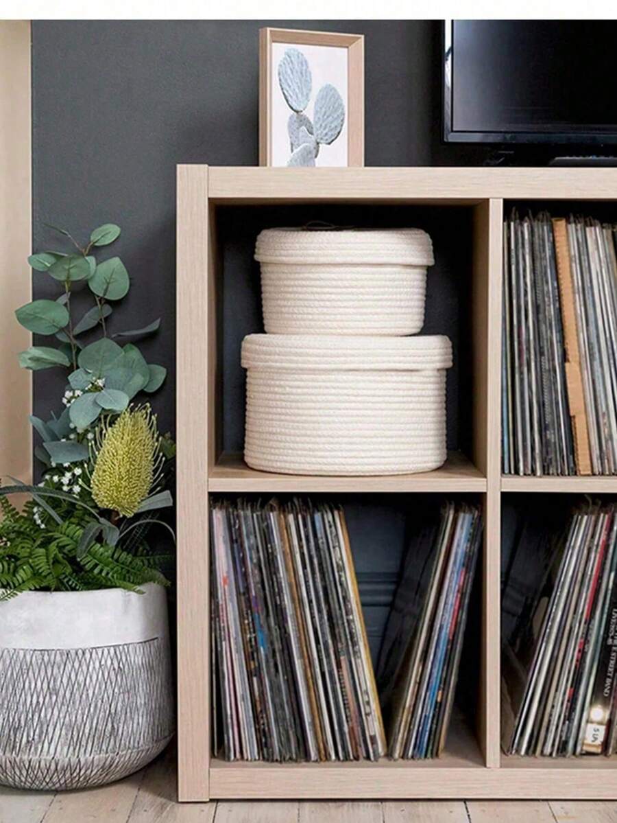 1pc Cotton Rope Storage Box, Woven Desktop Covered Jute Miscellaneous Toy Cosmetic Organizer Basket, Round Multi-Function Catchall, Holiday Gift, Blue - White - View 1