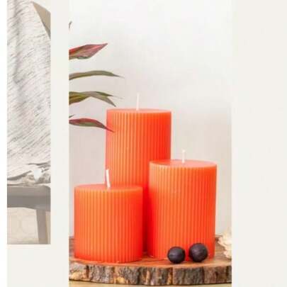 1支手工制作的大号橙色条纹柱形蜡烛，适用于家居装饰、婚礼、餐桌摆设，直径5厘米，高度5-20厘米，不滴蜡，燃烧时间长