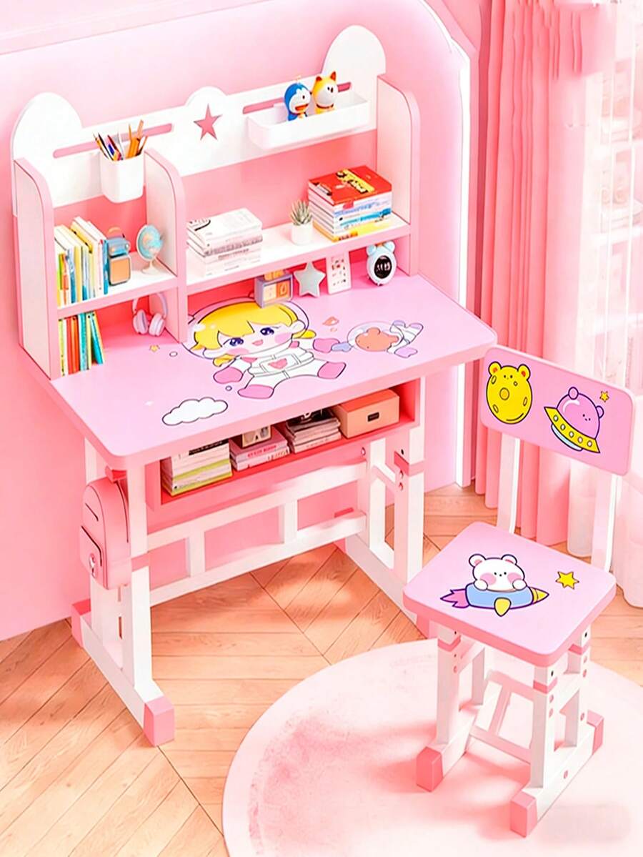 Sillas Y Escritorio Para Niños Con Repisas Ajustable Mesa - Rosa - Ver 1