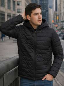 CHAMARRA PARA HOMBRE BASICA CASUAL HPC POLO PUFFER CON GORRO AFELPADA COMODA - Negro - Ver 2