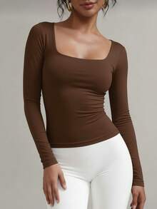 Women's Second Skin Blouse, Long Sleeve, Square Neck, Soft Supplex Fabric, Lined, Elastic, Premium Style, Casual, Elegant, Versatile, - Cà phê nâu - Xem 2