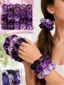 12个紫色缎面发圈，优雅缎面发绳，女士日常佩戴，发圈，家居美发饰品 - 紫色12裝 - 查看 5
